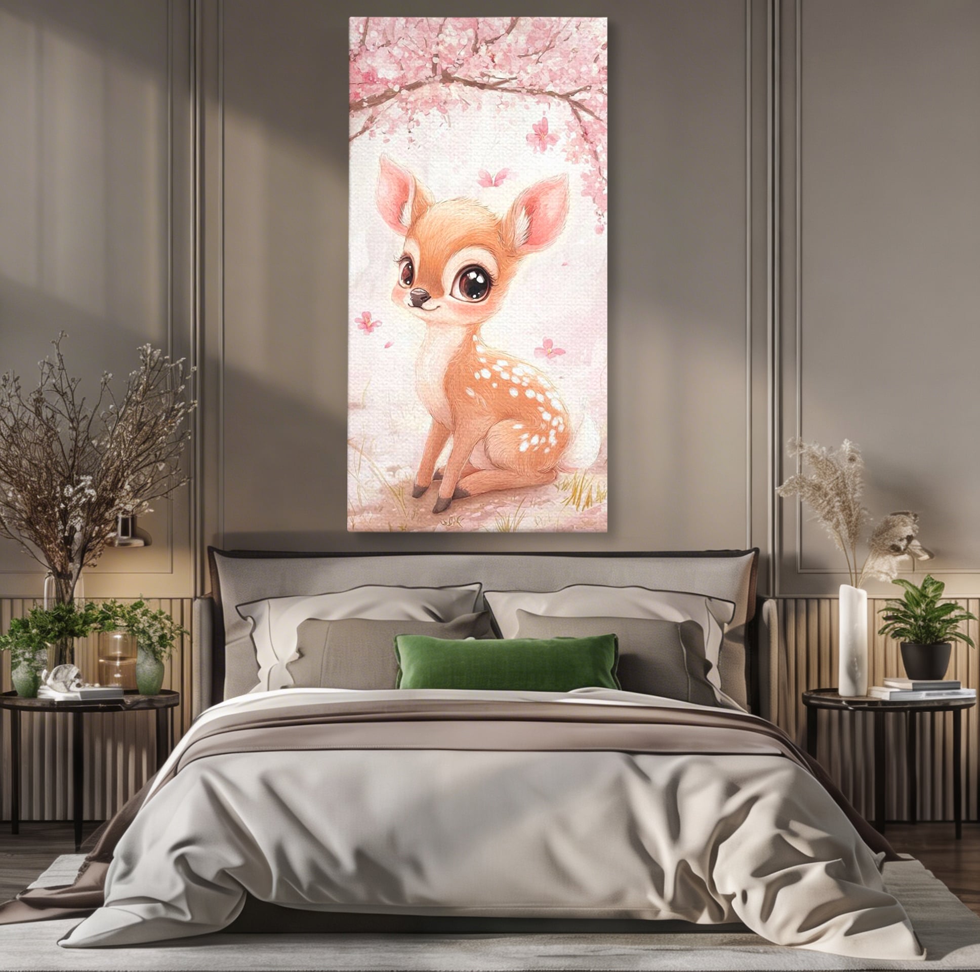 Tablou canvas cu ilustratie cu un pui de caprioara, fara rama, pe sasiu de lemn, pe perete intr-un dormitor